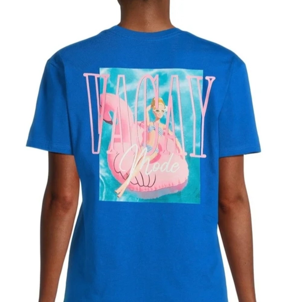 Blue Graphic Tee with Pink Flamingo Design